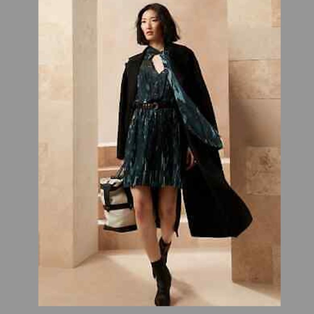 Banana Republic Pleated Tie-Neck Mini Dress, XS, Navy Blue Marbled